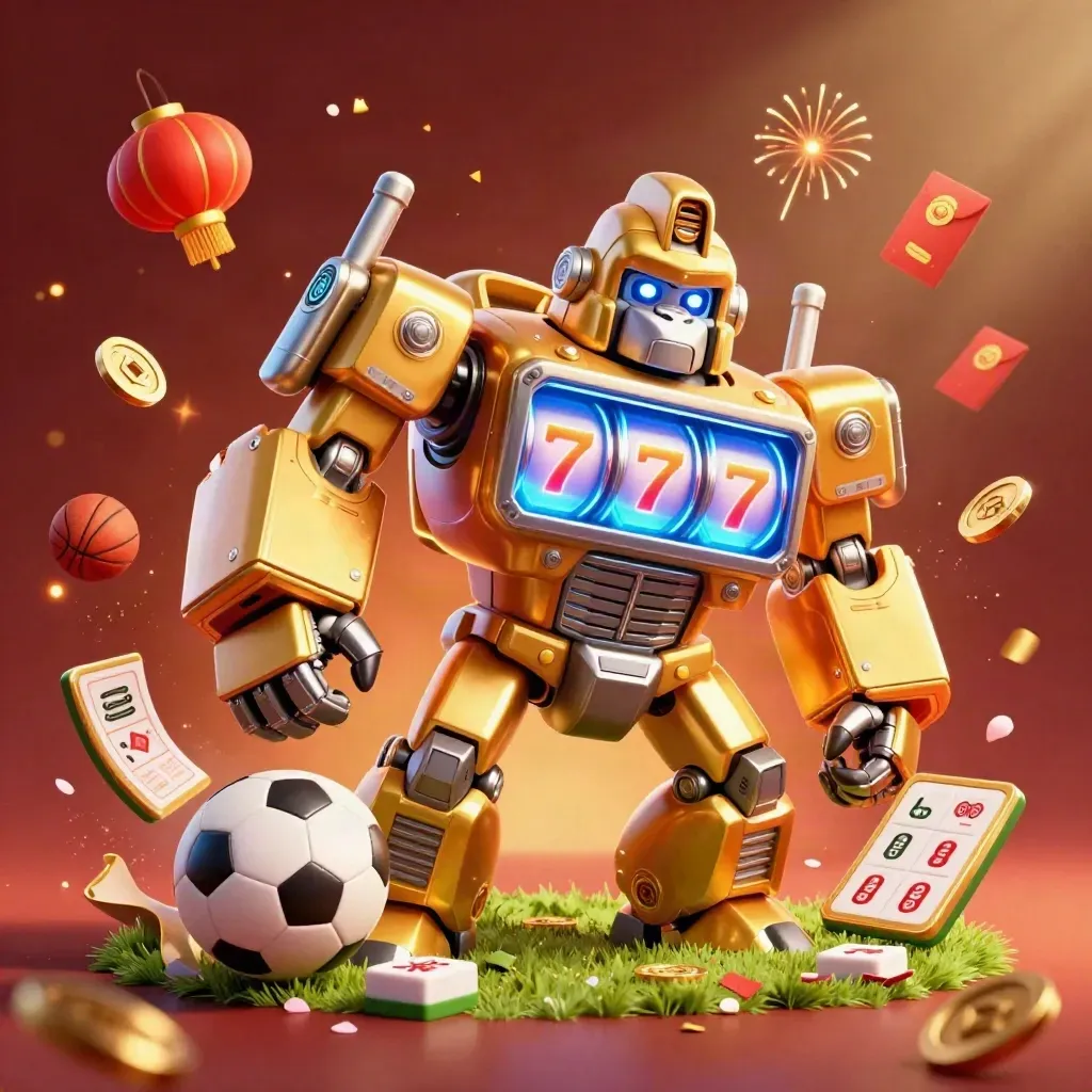 Golden gorilla mech, tiny monkey pilot, balls, coins and lanterns explode in electric blue and gold.
