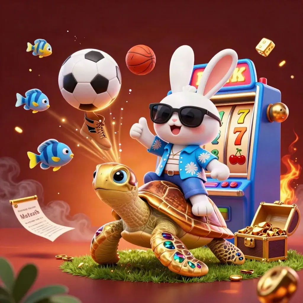 Lucky rabbit on a gold turtle amid slot burst, dice, fish, ball and firelit casino action.