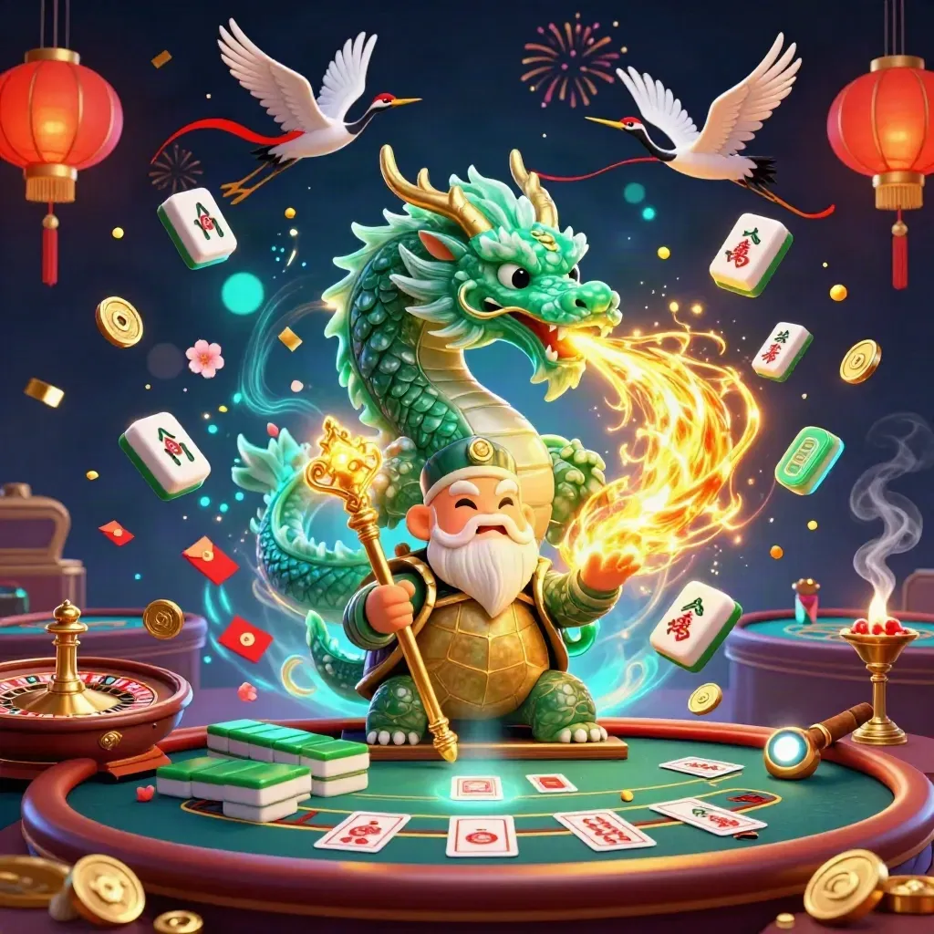 Jade dragon, turtle sage, and cranes in a luxe casino fantasy with gold fire and glowing effects