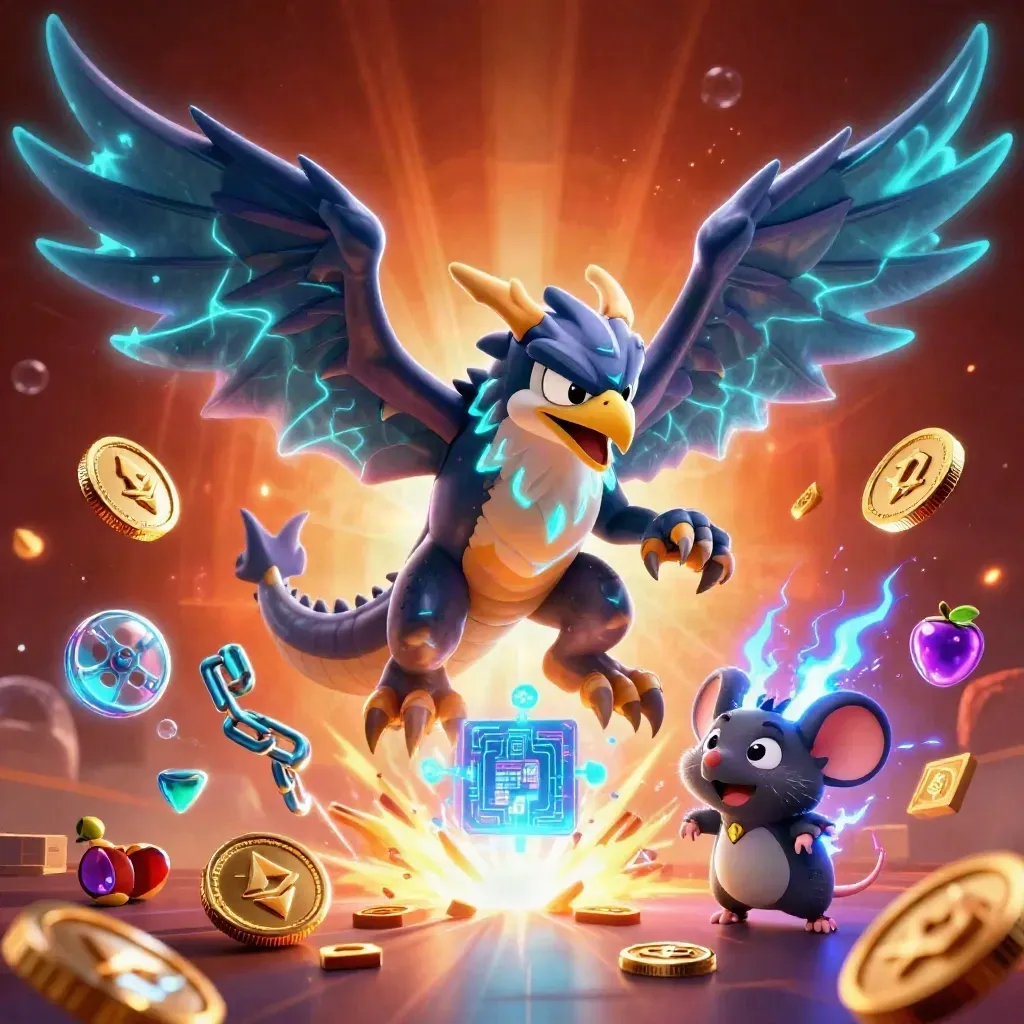 Thunder dragon, hawk, and mouse amid coins, lightning, and casino energy in blue and gold.
