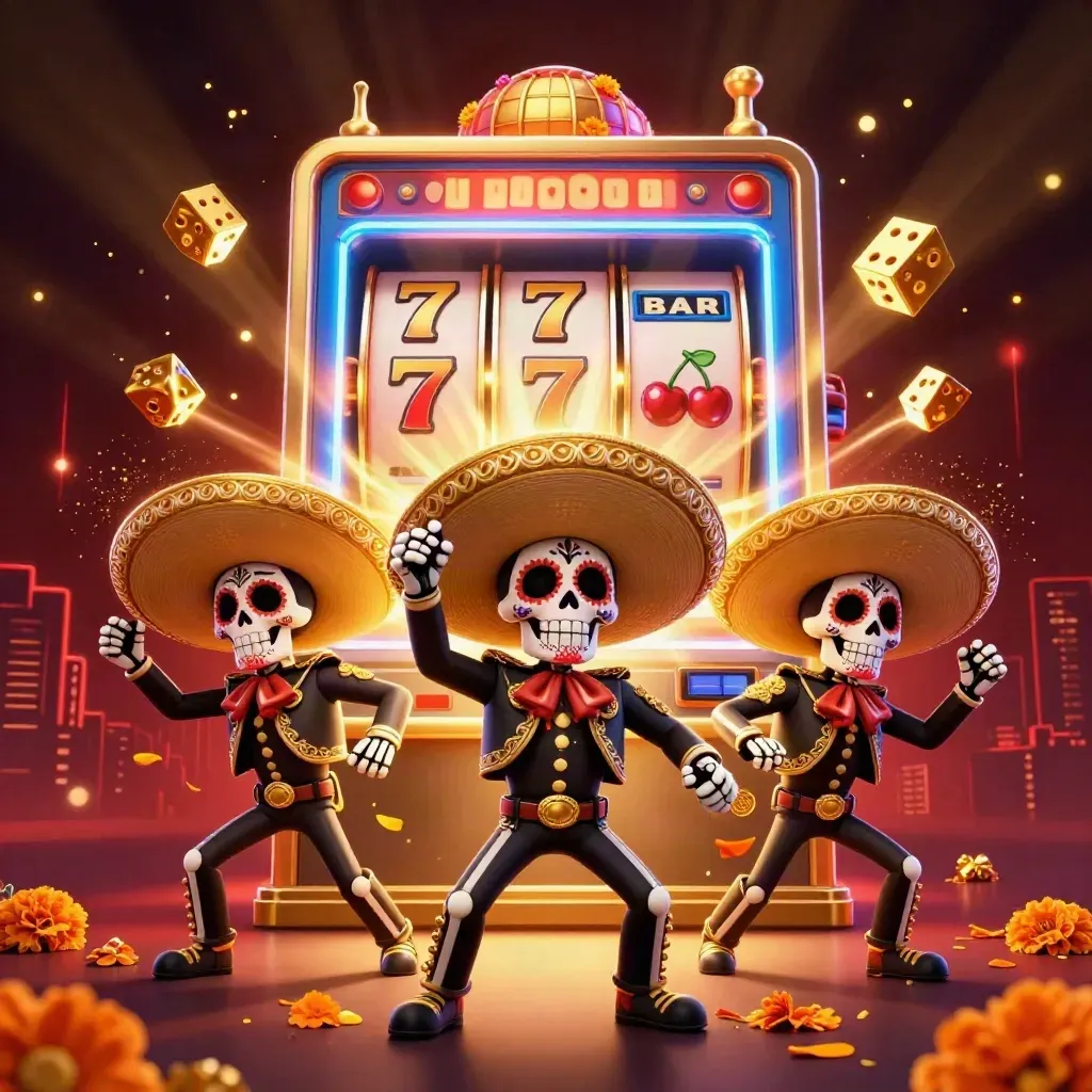 Day-of-the-Dead mariachi skeleton trio with exploding slot machine, gold, blue, and festive casino energy