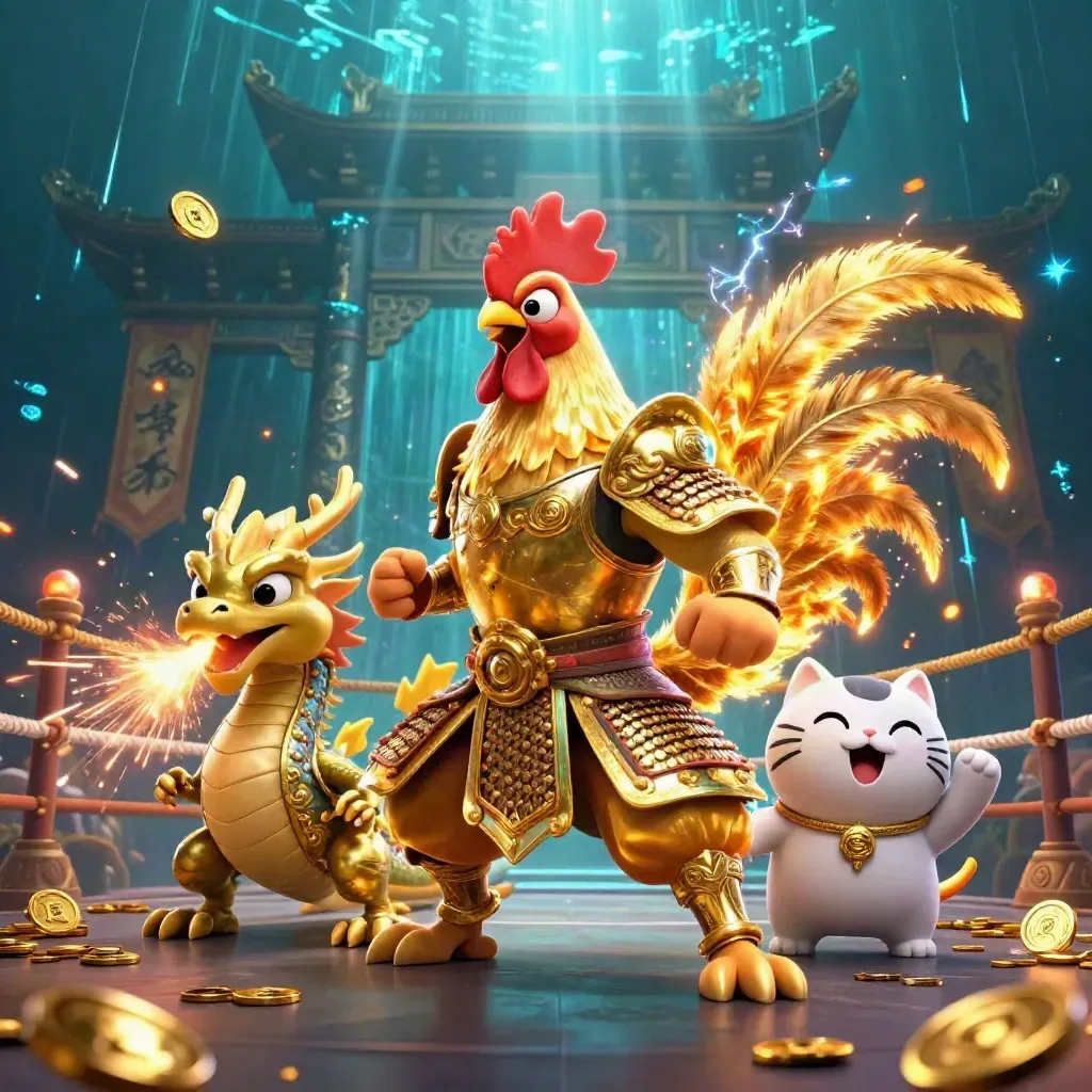 Rooster warrior, dragon hatchling, and fortune-cat amid gold, sparks, and an underwater temple gate.