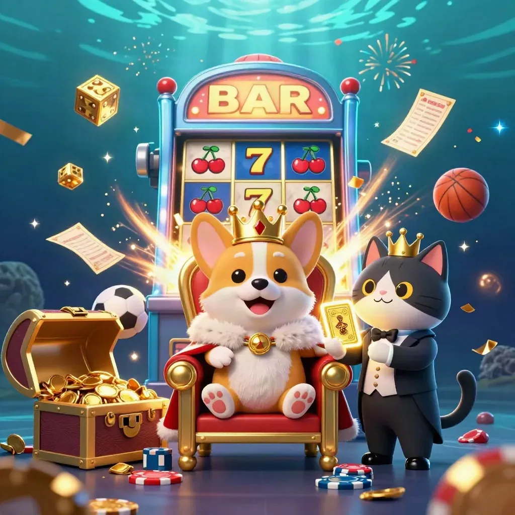 Royal corgi and cat butler amid jackpot coins, fireworks, and casino glory underwater.