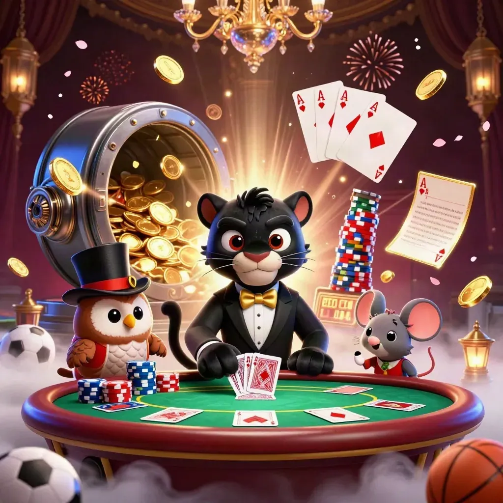 Panther, owl, and mouse amid chips, coins, fireworks, and a glowing casino vault.