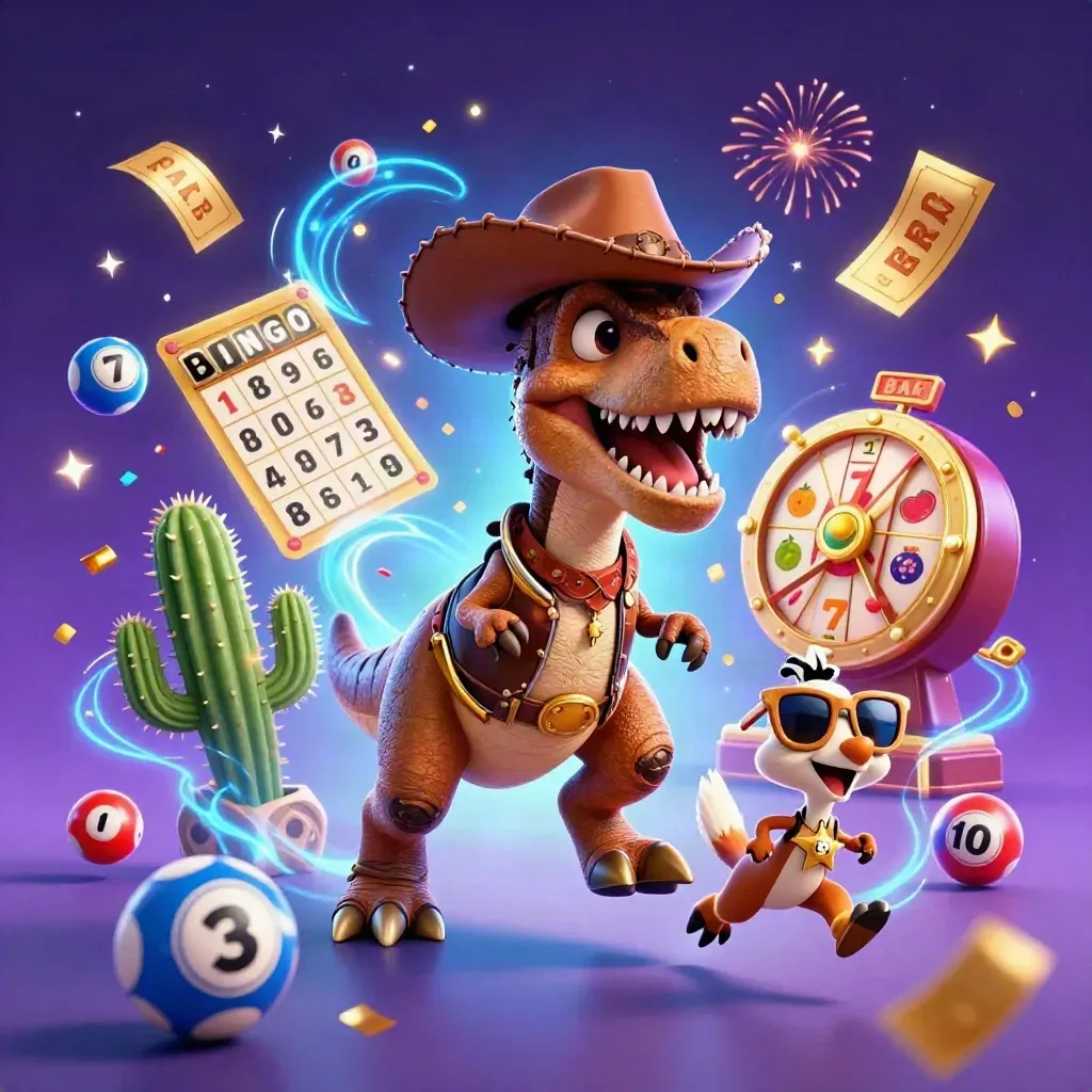 Cartoon cowboy T-Rex, cactus sidekick, and sheriff roadrunner amid casino jackpots and glowing confetti.