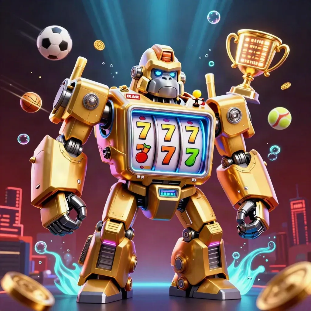 Golden gorilla mech with monkey pilot, reels, sports balls, coins, trophy, and neon casino glow.