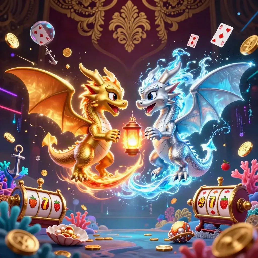 Twin gold and silver dragons spiral in a luxe casino treasure cove with blue-gold energy and reels.